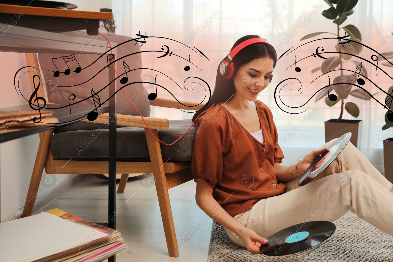 Image of Woman with headphones and vinyl records at home. Music notes flying near her