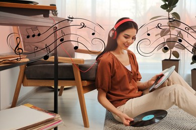 Image of Woman with headphones and vinyl records at home. Music notes flying near her