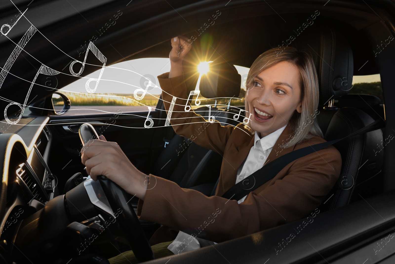 Image of Woman singing in car, view from outside. Music notes flying out of her mouth