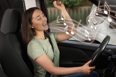 Image of Beautiful woman singing in car. Music notes flying out of her mouth