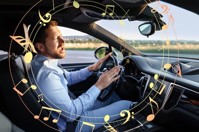 Image of Man singing in car, view from inside. Music notes flying near him