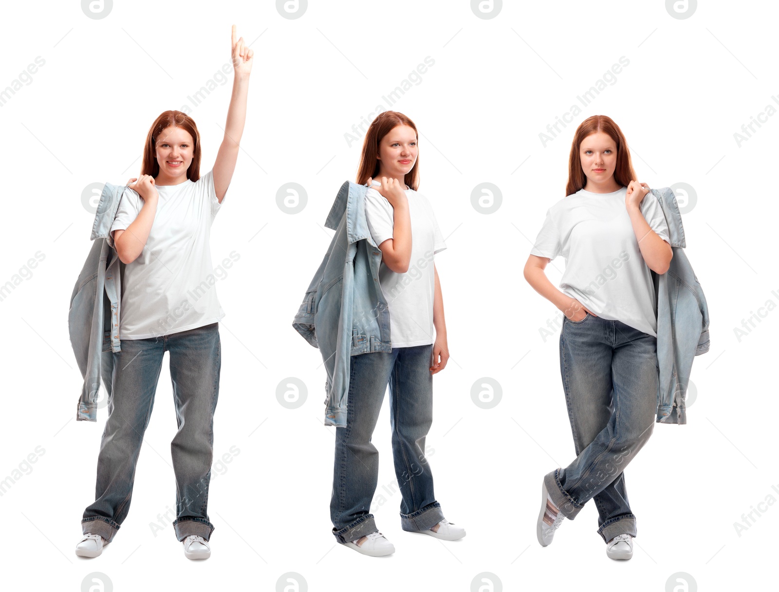 Image of Teenage girl on white background, collage of portraits