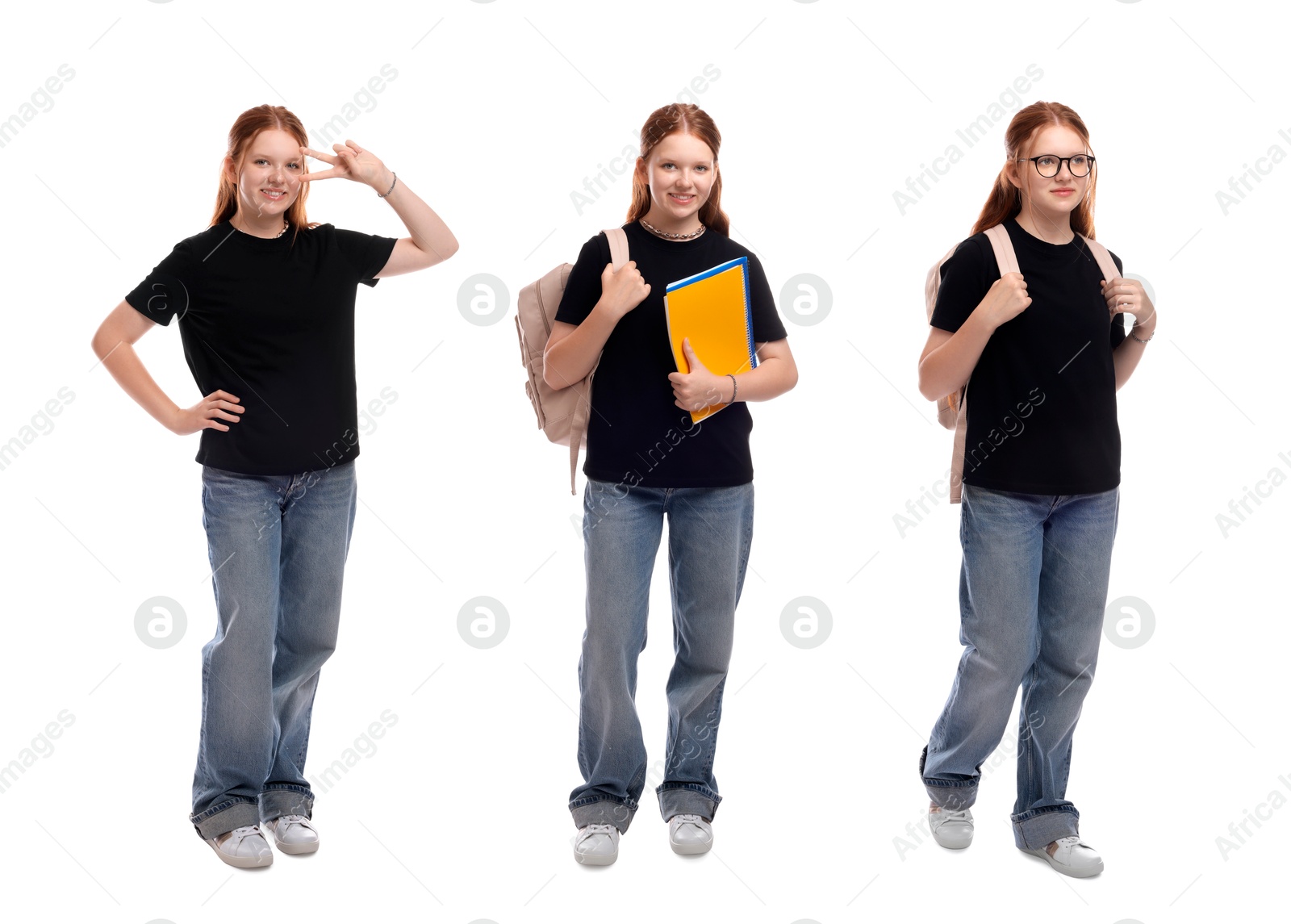 Image of Teenage girl on white background, collage of portraits