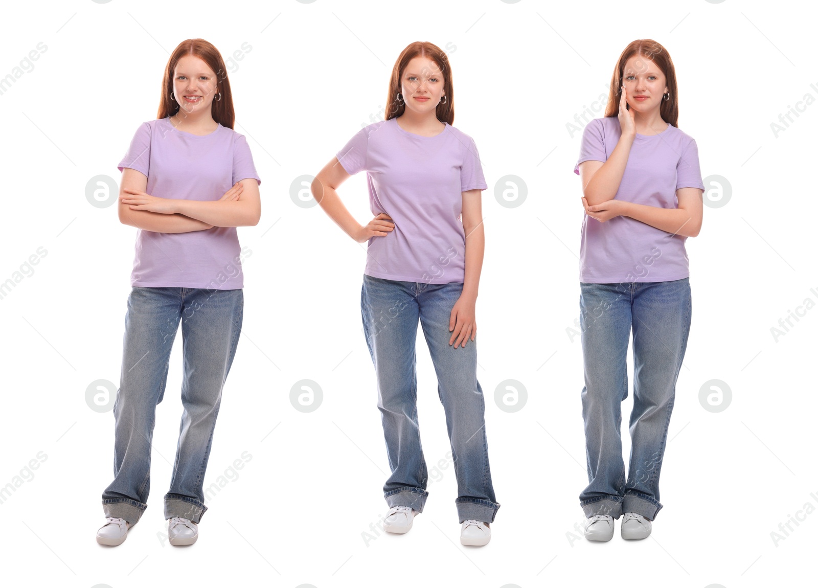 Image of Teenage girl on white background, collage of portraits