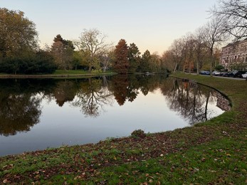 Photo of Beautiful view of colorful trees, fallen leaves and canal on autumn day