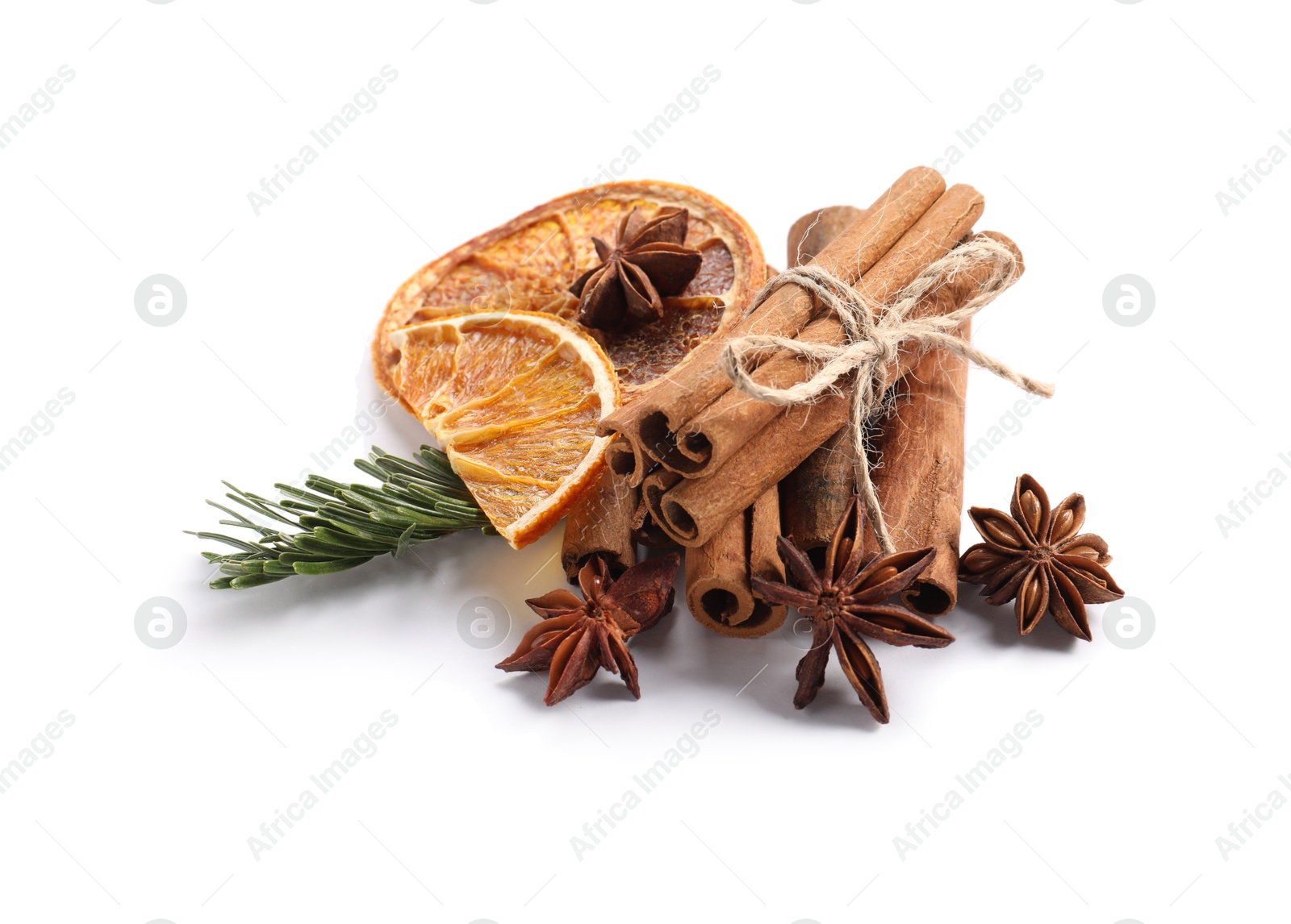 Photo of Different aromatic spices isolated on white. Christmas season