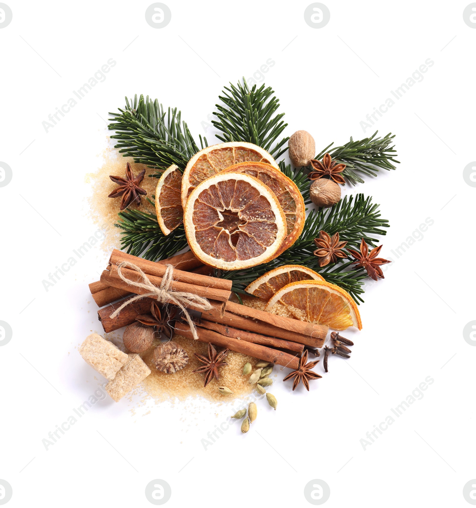 Photo of Different aromatic spices isolated on white, top view. Christmas season