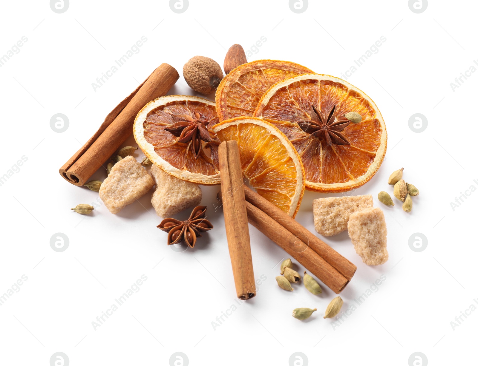 Photo of Different aromatic spices isolated on white. Christmas season