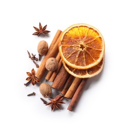 Photo of Different aromatic spices isolated on white, top view. Christmas season