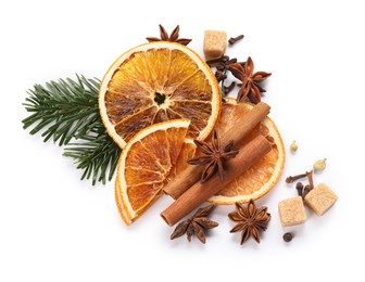 Photo of Different aromatic spices isolated on white, top view. Christmas season