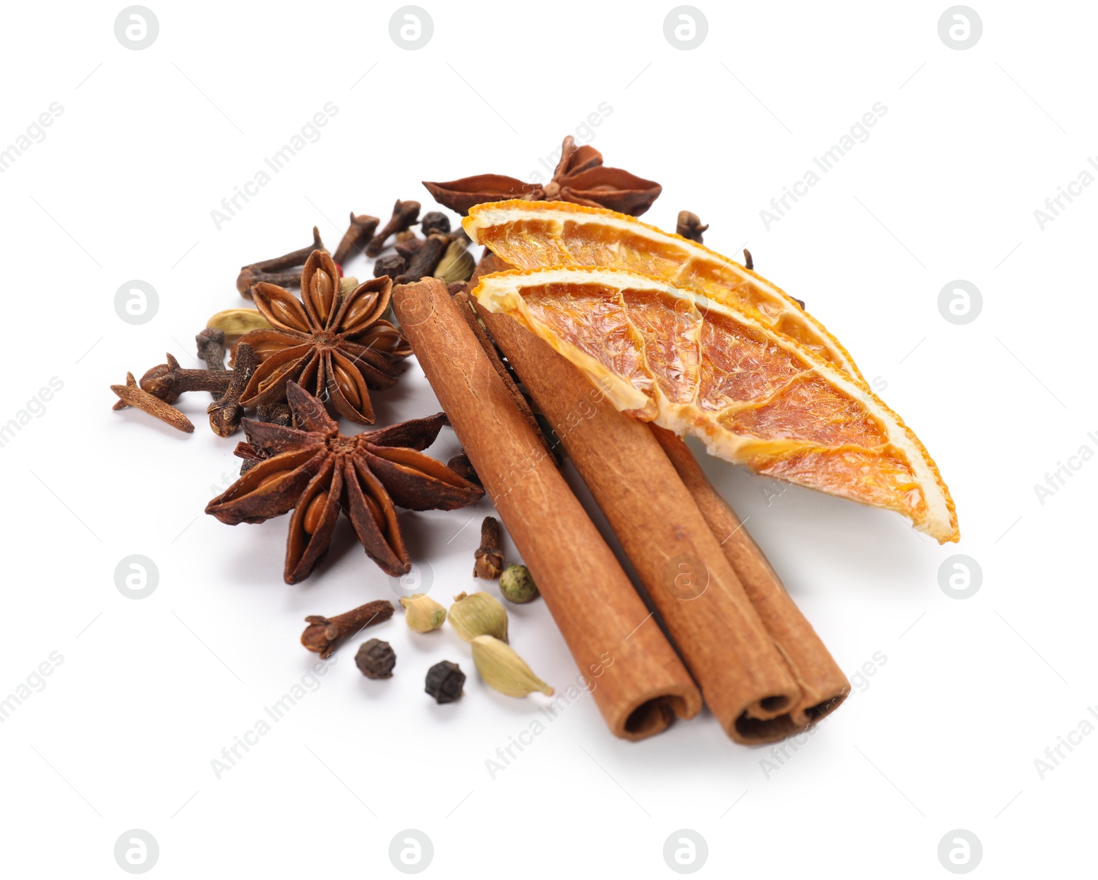 Photo of Different aromatic spices isolated on white. Christmas season