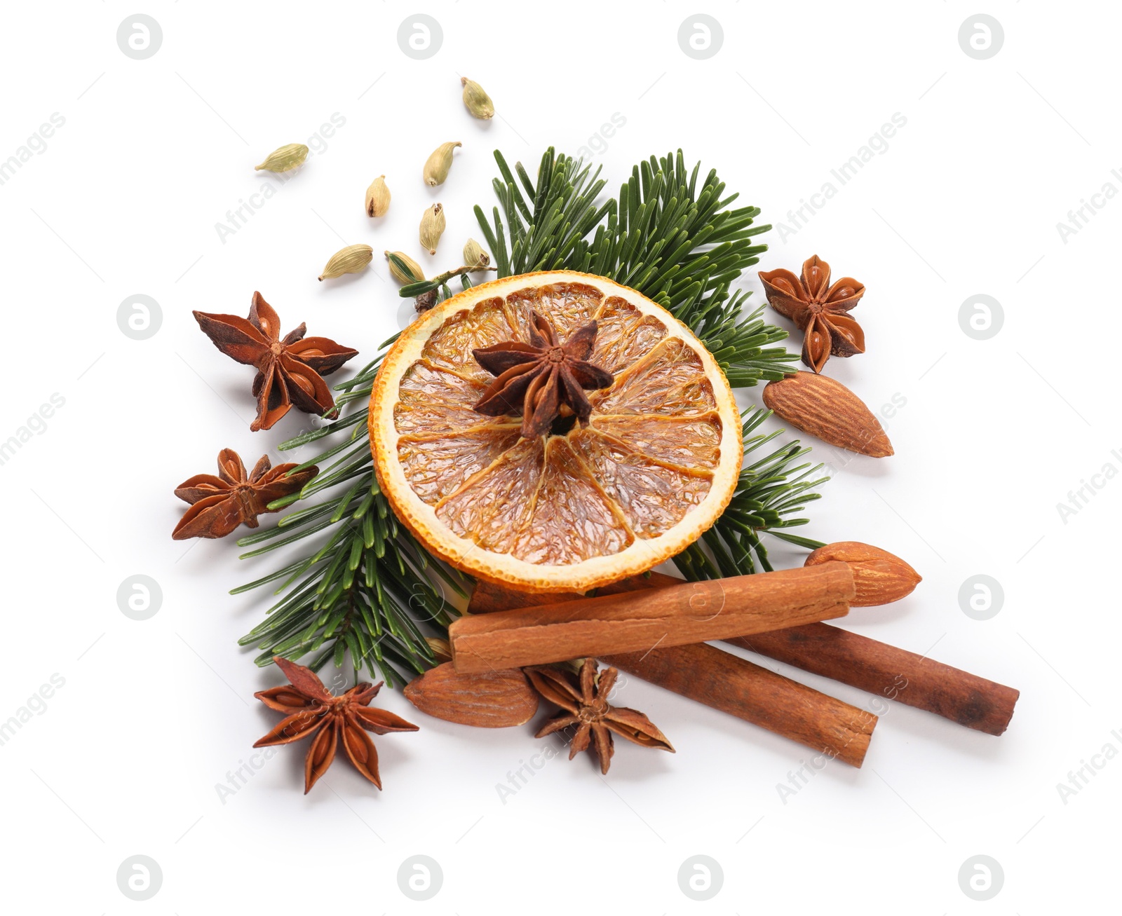 Photo of Different aromatic spices isolated on white. Christmas season