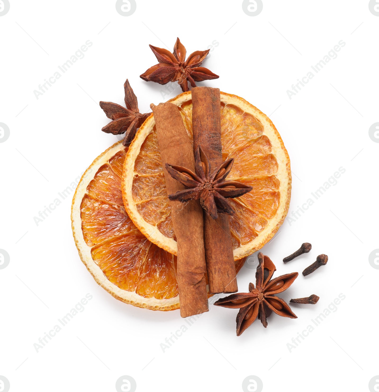 Photo of Different aromatic spices isolated on white, top view. Christmas season