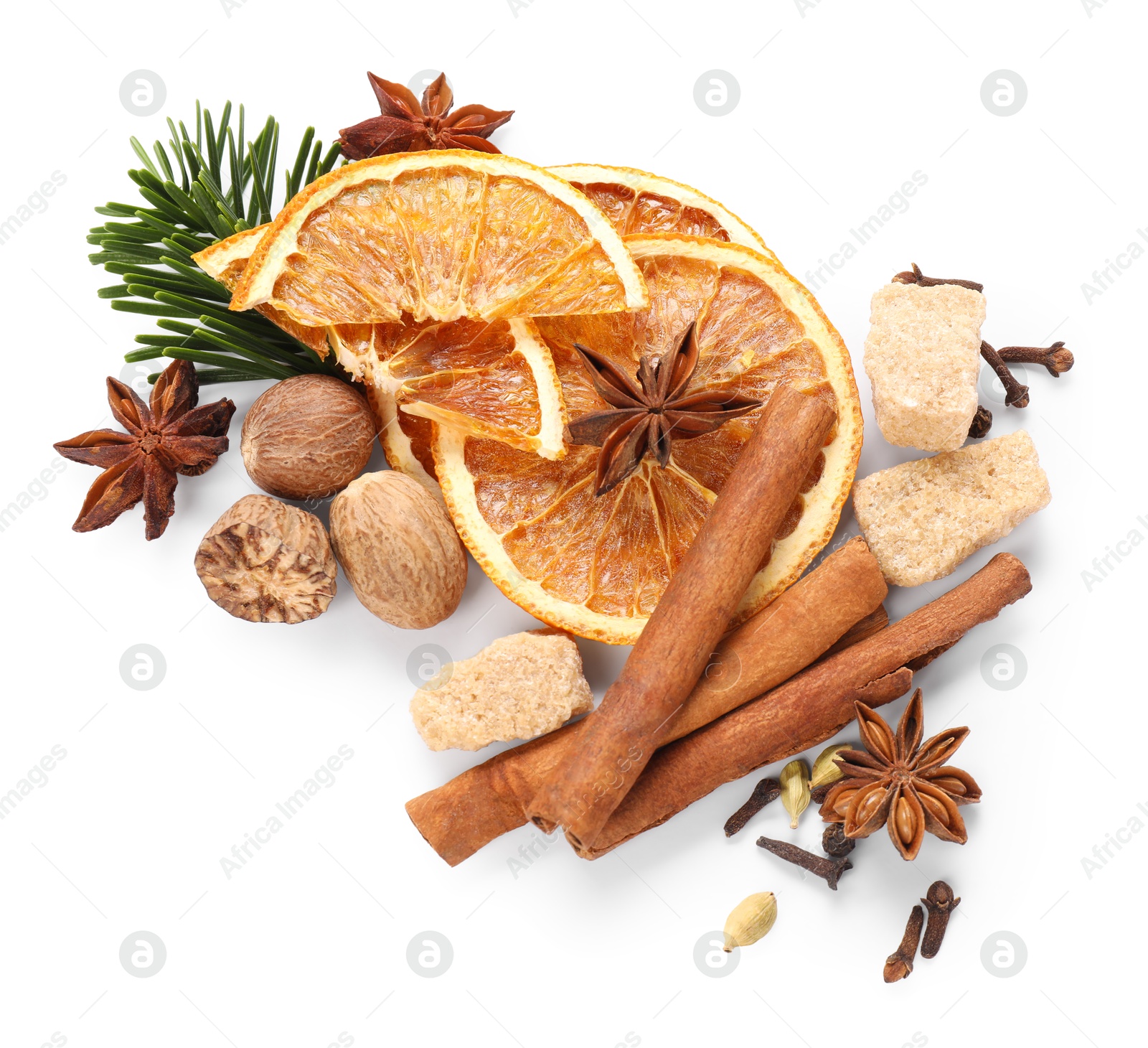 Photo of Different aromatic spices isolated on white, top view. Christmas season