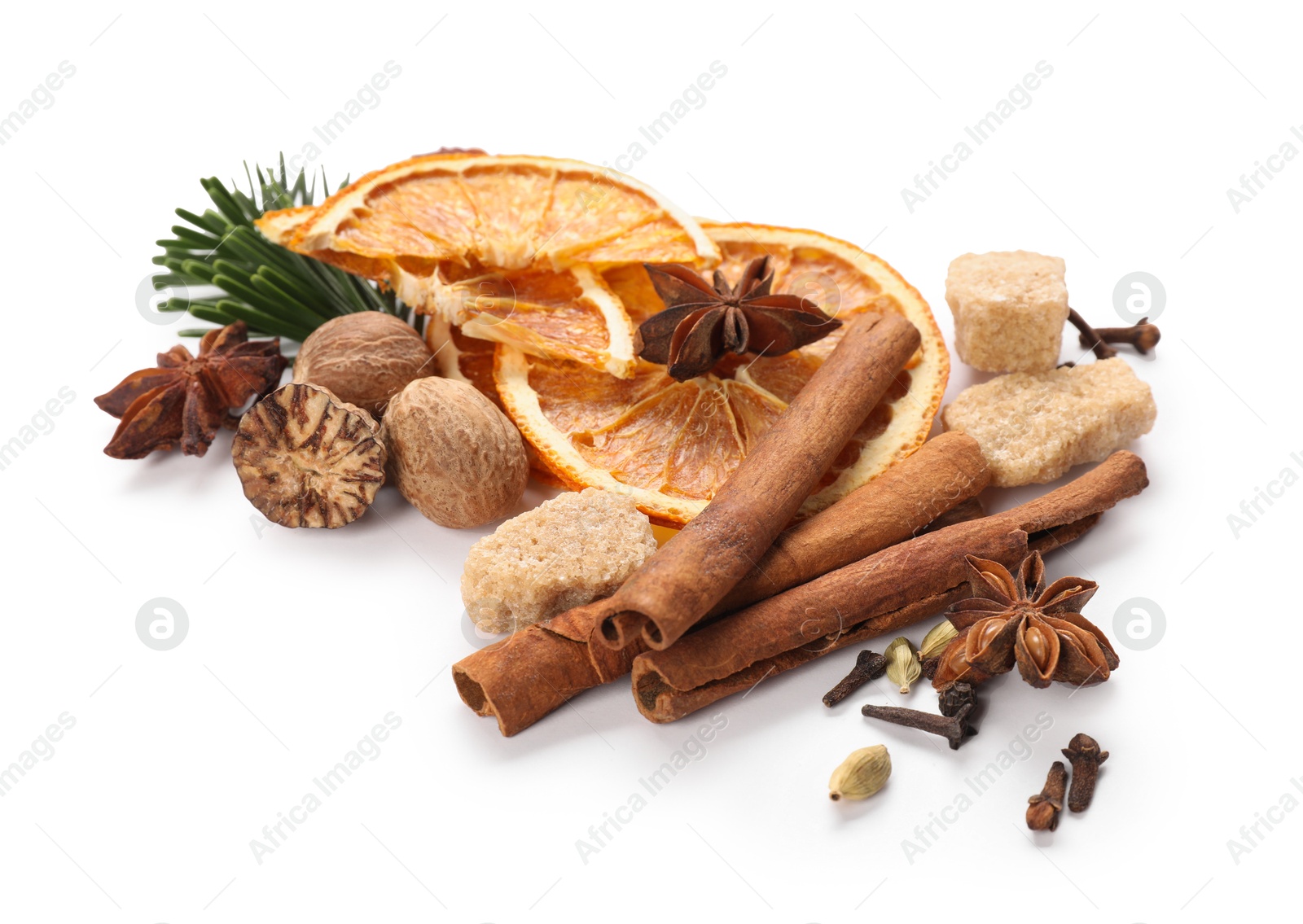 Photo of Different aromatic spices isolated on white. Christmas season