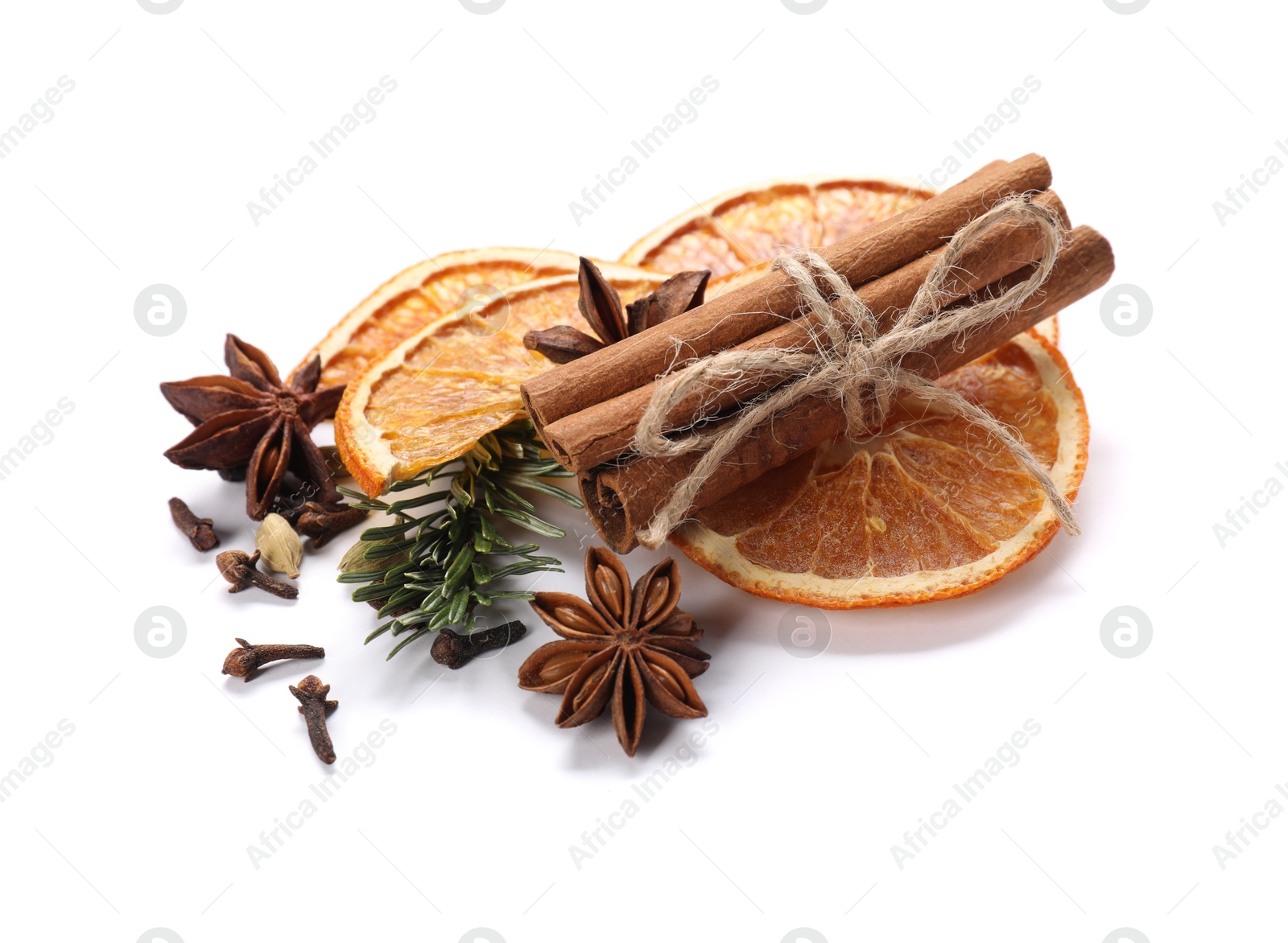 Photo of Different aromatic spices isolated on white. Christmas season