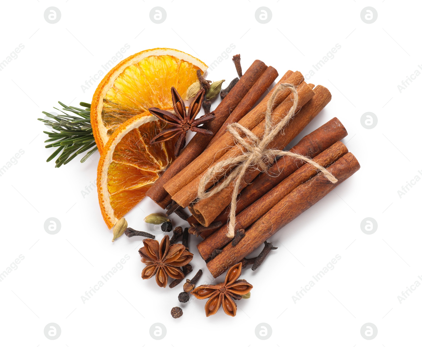 Photo of Different aromatic spices isolated on white, top view. Christmas season