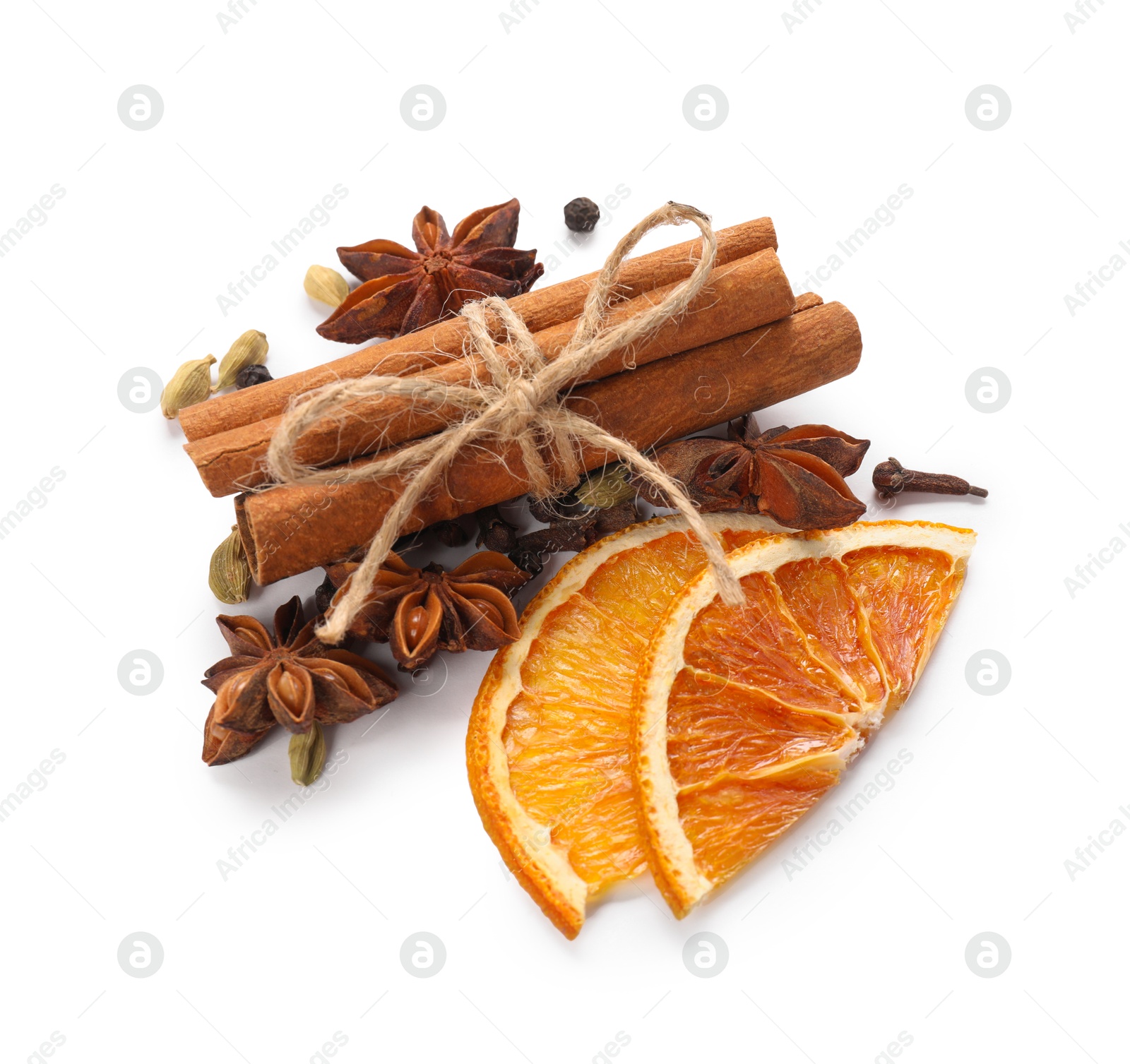 Photo of Different aromatic spices isolated on white. Christmas season