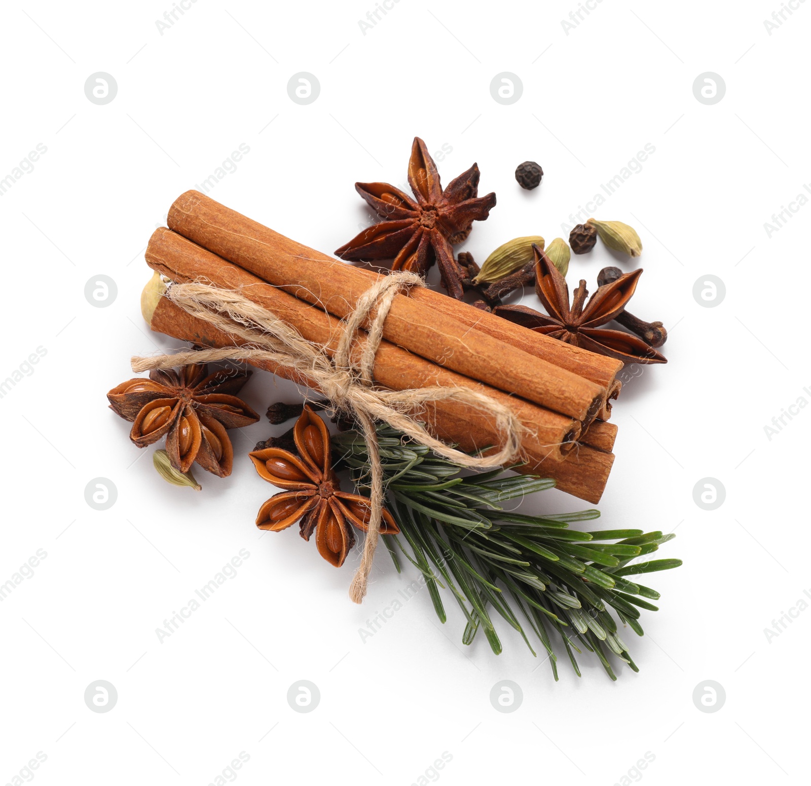 Photo of Different aromatic spices isolated on white, top view. Christmas season