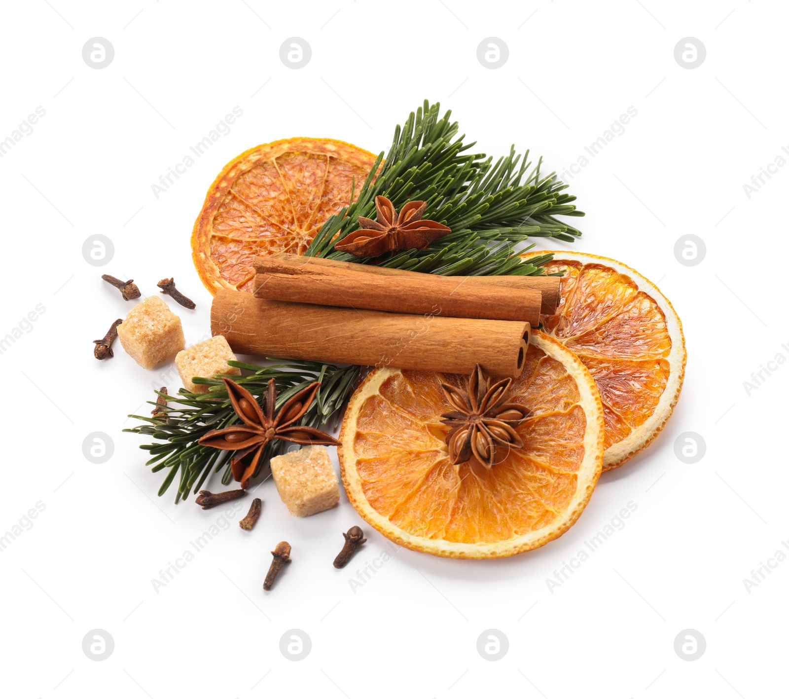 Photo of Different aromatic spices isolated on white. Christmas season