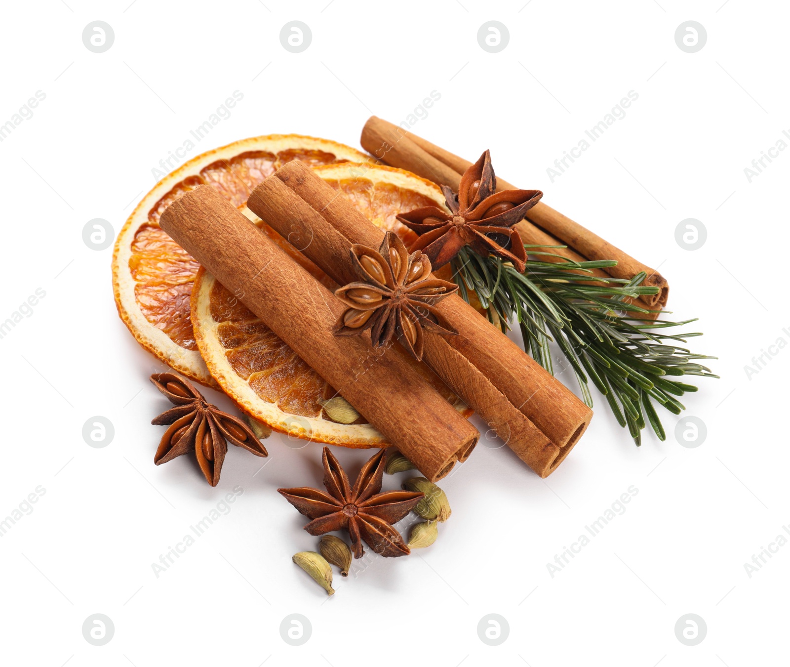 Photo of Different aromatic spices isolated on white. Christmas season