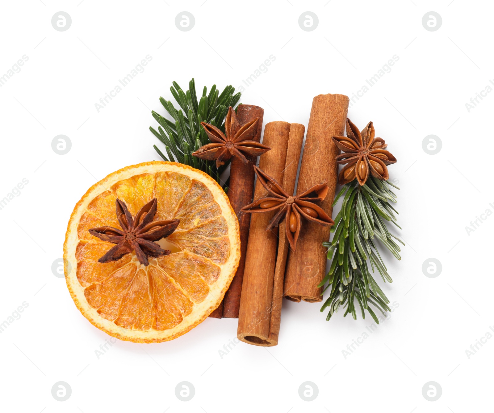 Photo of Different aromatic spices isolated on white, top view. Christmas season