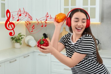 Image of Happy woman with headphones dancing with bell peppers in kitchen. Music notes flying near her