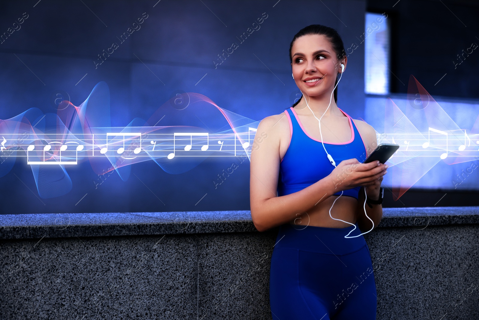 Image of Beautiful woman with earphones in stylish sportswear outdoors. Music notes and sound waves near her