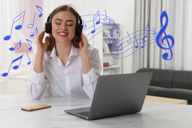 Image of Happy woman with headphones at table in room. Music notes flying near her