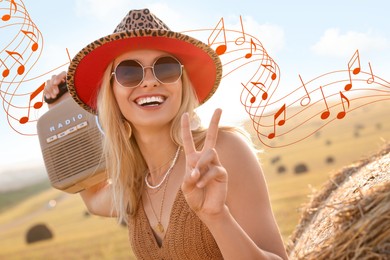 Image of Happy hippie woman with radio receiver showing peace sign in field. Music notes flying near her