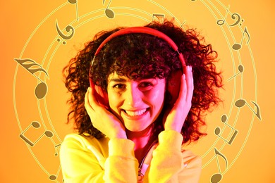 Image of Beautiful young woman with headphones on color background in neon lights. Music notes flying near her