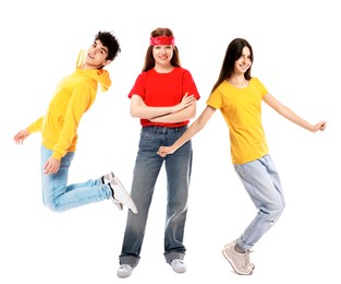 Image of Group of happy teenagers on white background