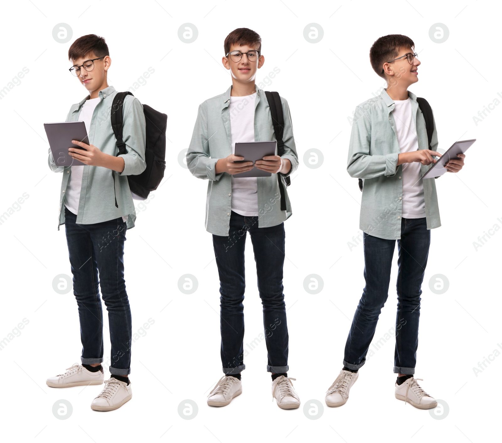 Image of Teenage boy with backpack and tablet on white background, collage of portraits