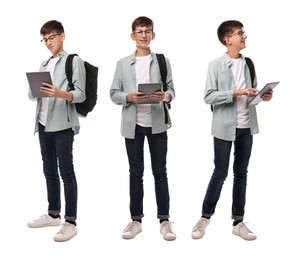 Image of Teenage boy with backpack and tablet on white background, collage of portraits