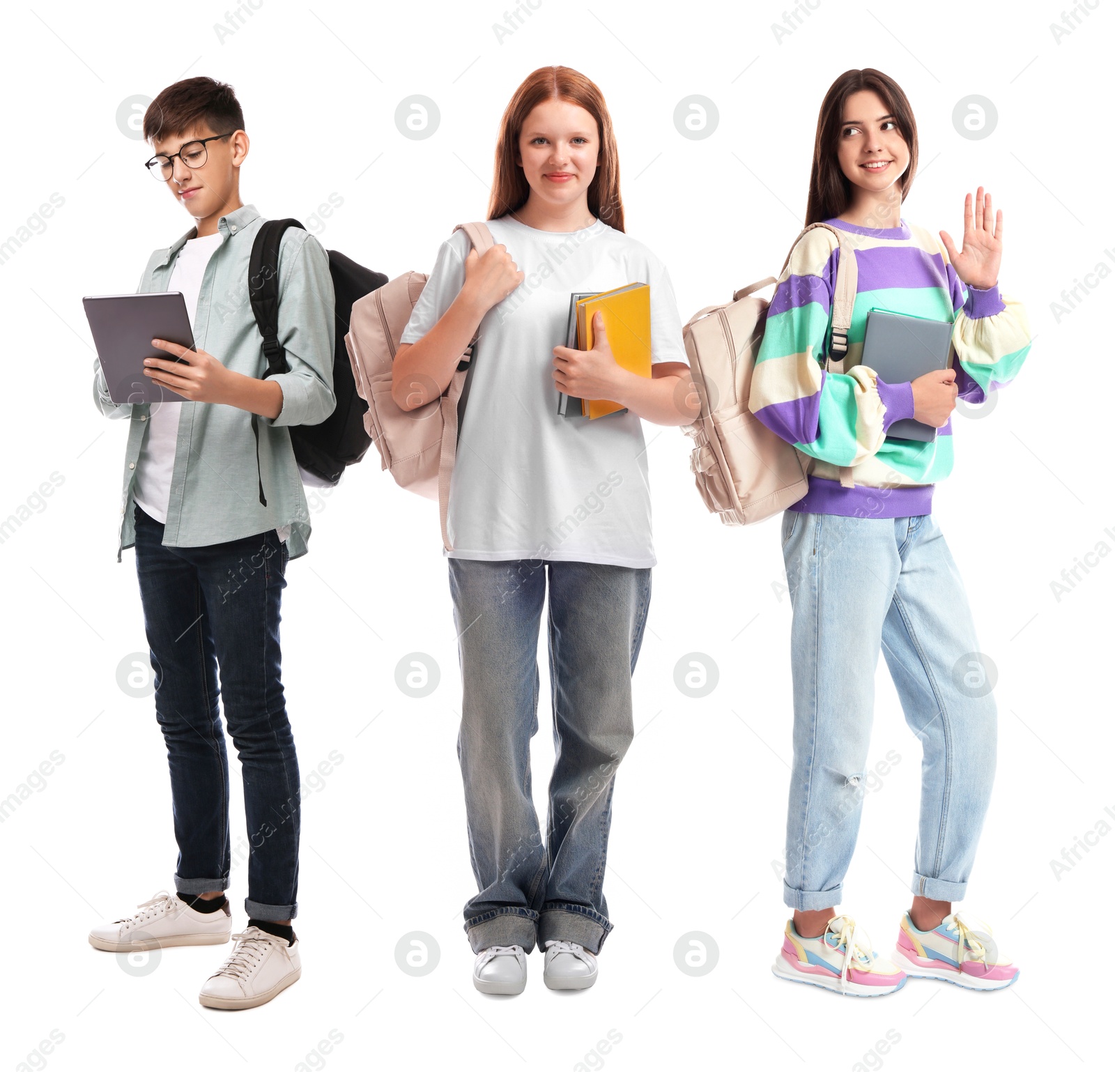 Image of Group of happy teenagers on white background