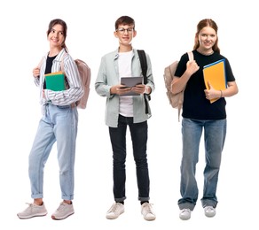 Image of Group of happy teenagers on white background