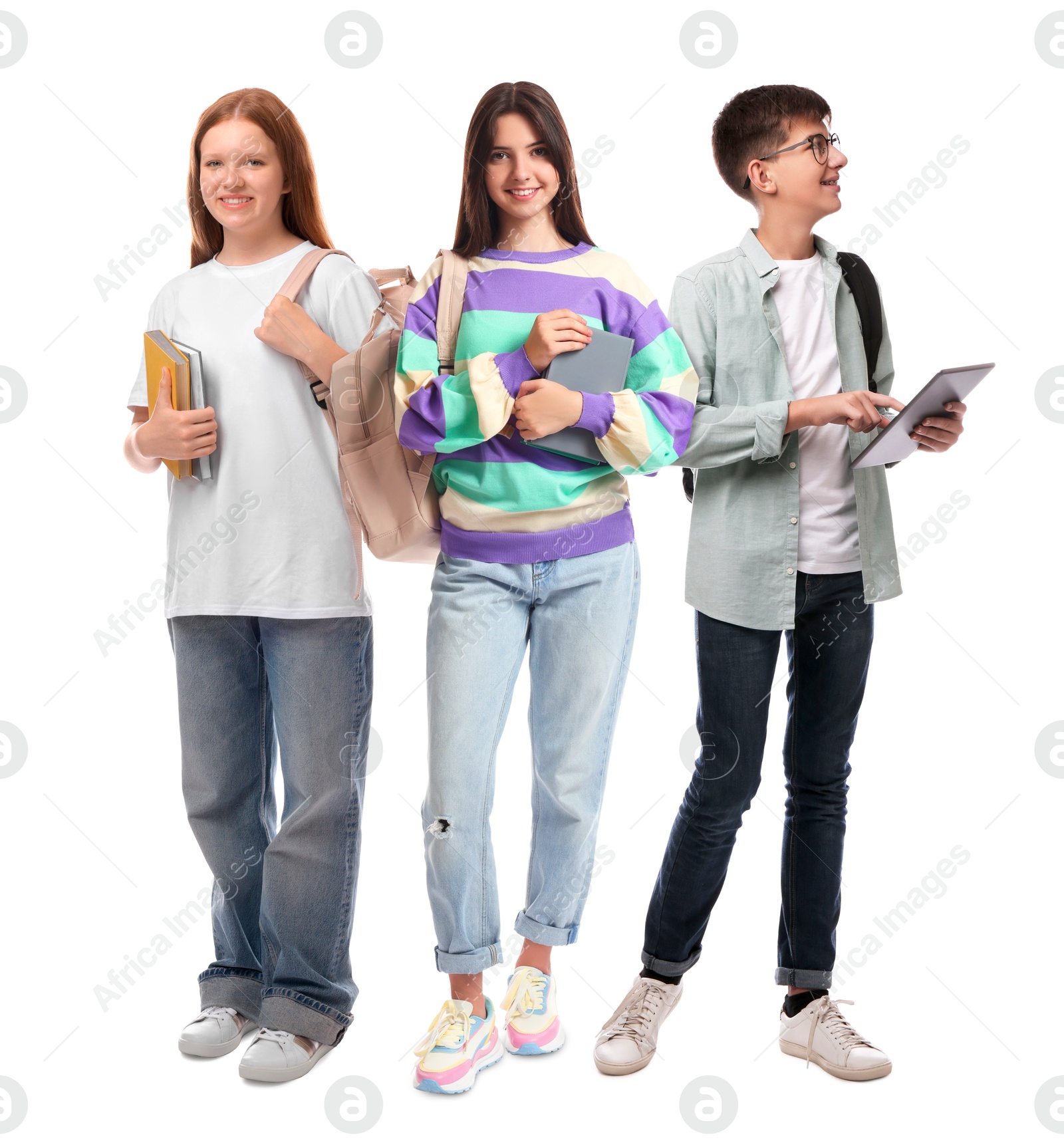 Image of Group of happy teenagers on white background