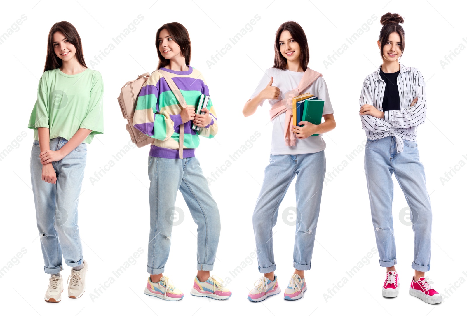 Image of Teenage girl wearing different outfits on white background, collage of portraits