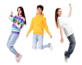 Image of Group of happy teenagers on white background