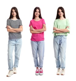 Image of Teenage girl wearing different outfits on white background, collage of portraits