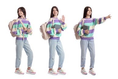 Image of Teenage girl with backpack and books on white background, collage of portraits