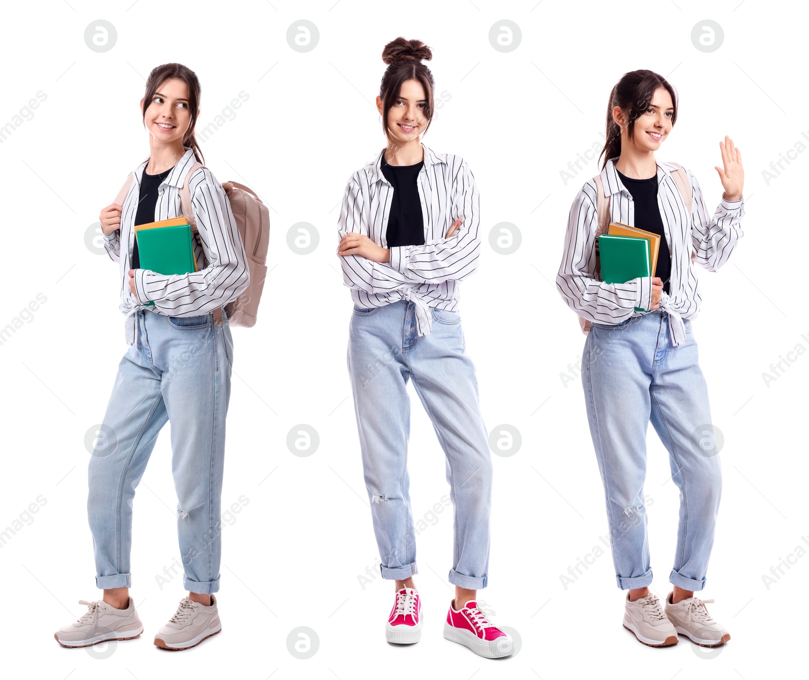 Image of Teenage girl on white background, collage of portraits