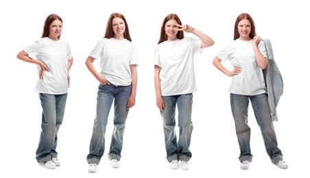 Image of Teenage girl on white background, collage of portraits