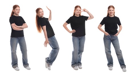 Image of Teenage girl on white background, collage of portraits