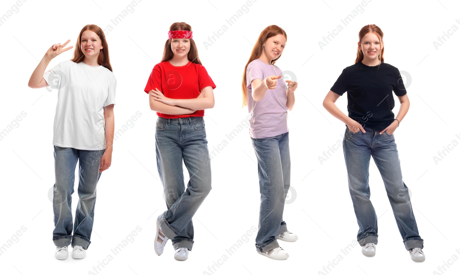 Image of Teenage girl wearing different outfits on white background, collage of portraits