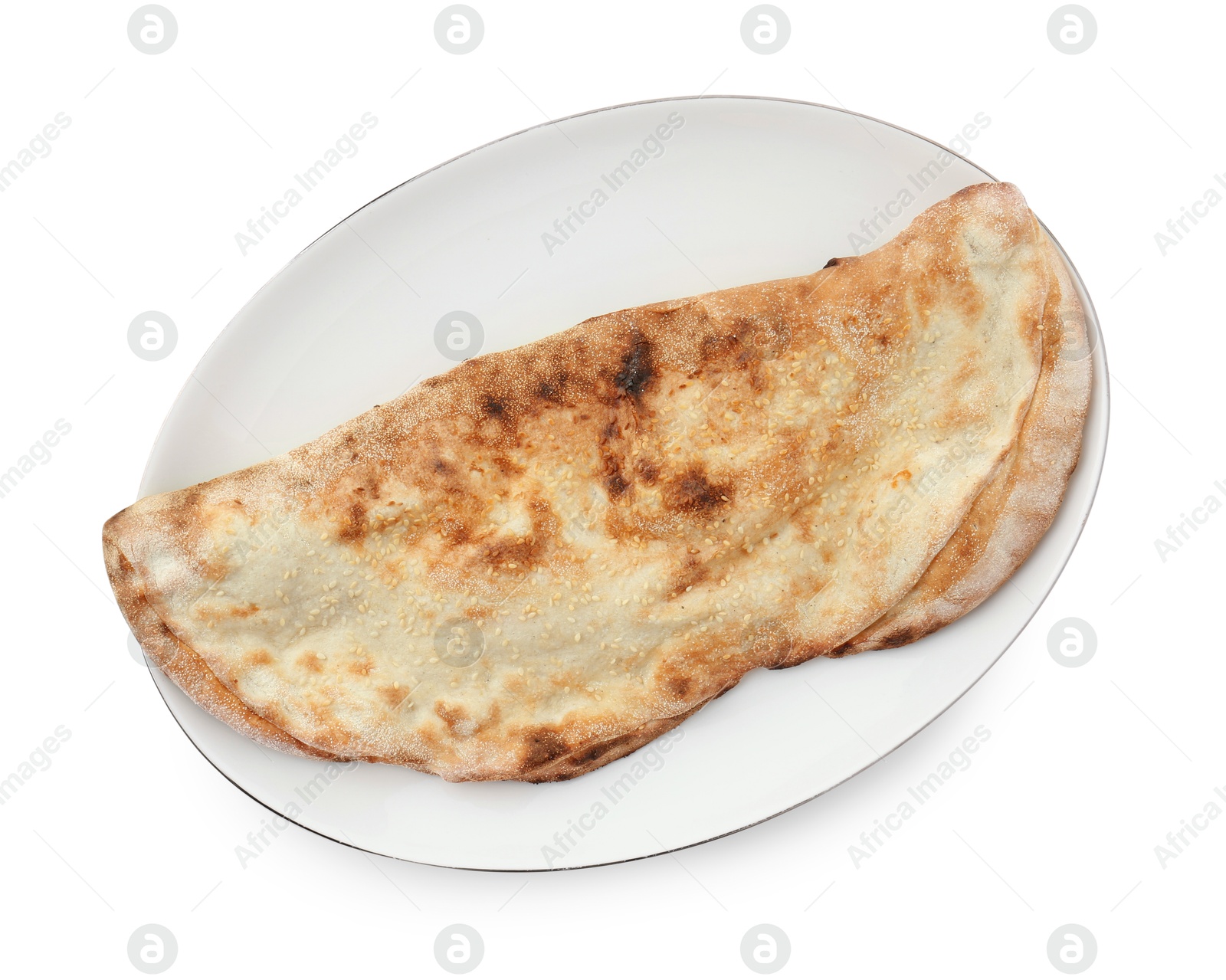 Photo of One delicious calzone isolated on white, top view