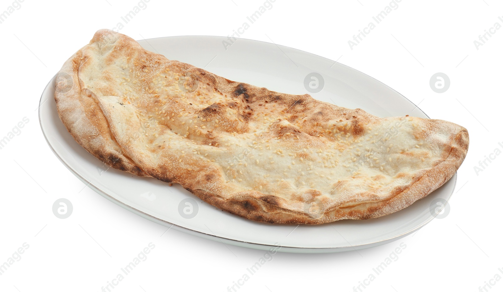 Photo of One delicious stuffed calzone isolated on white