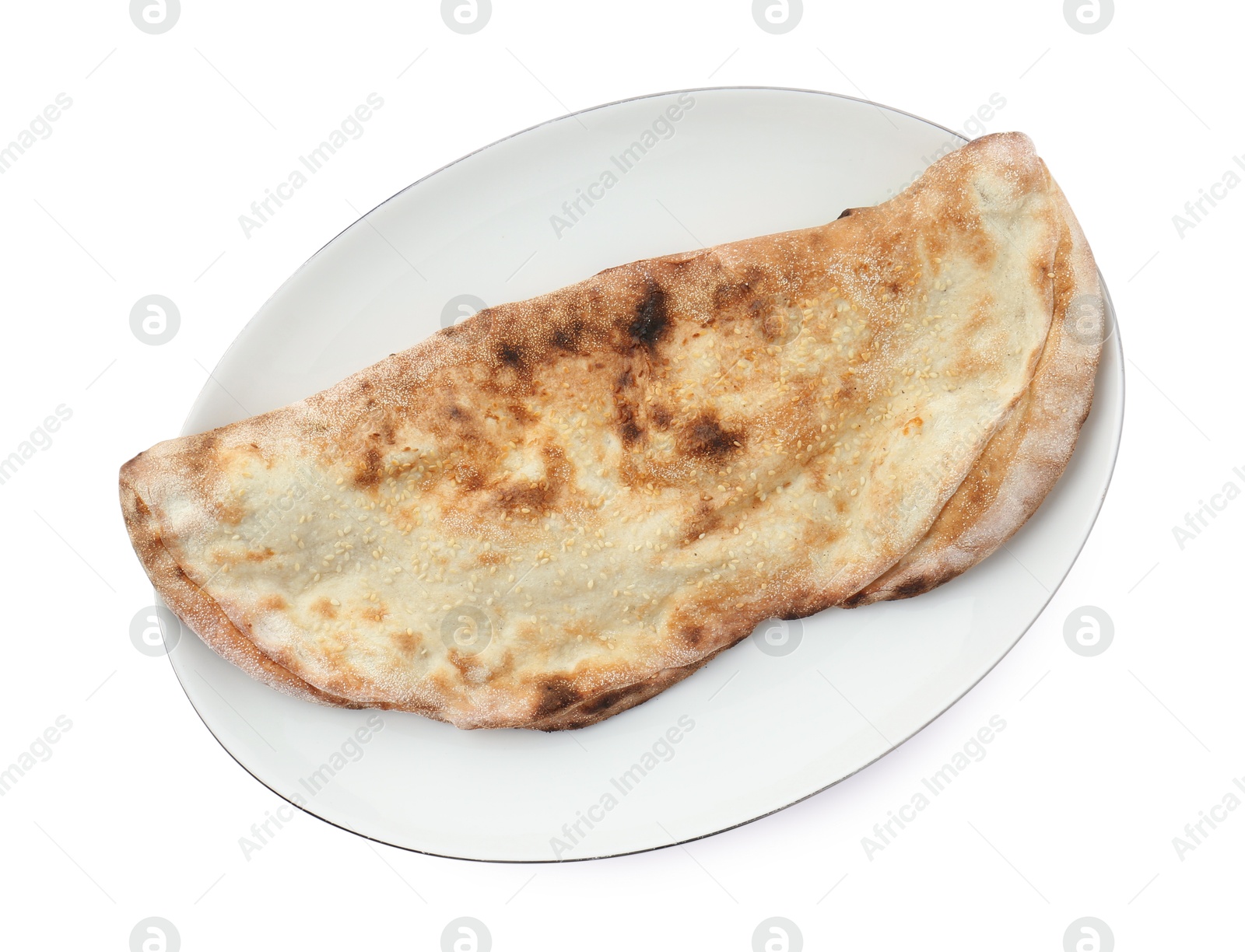 Photo of One delicious calzone isolated on white, top view