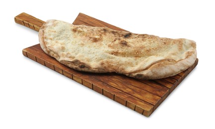 Photo of One delicious stuffed calzone isolated on white