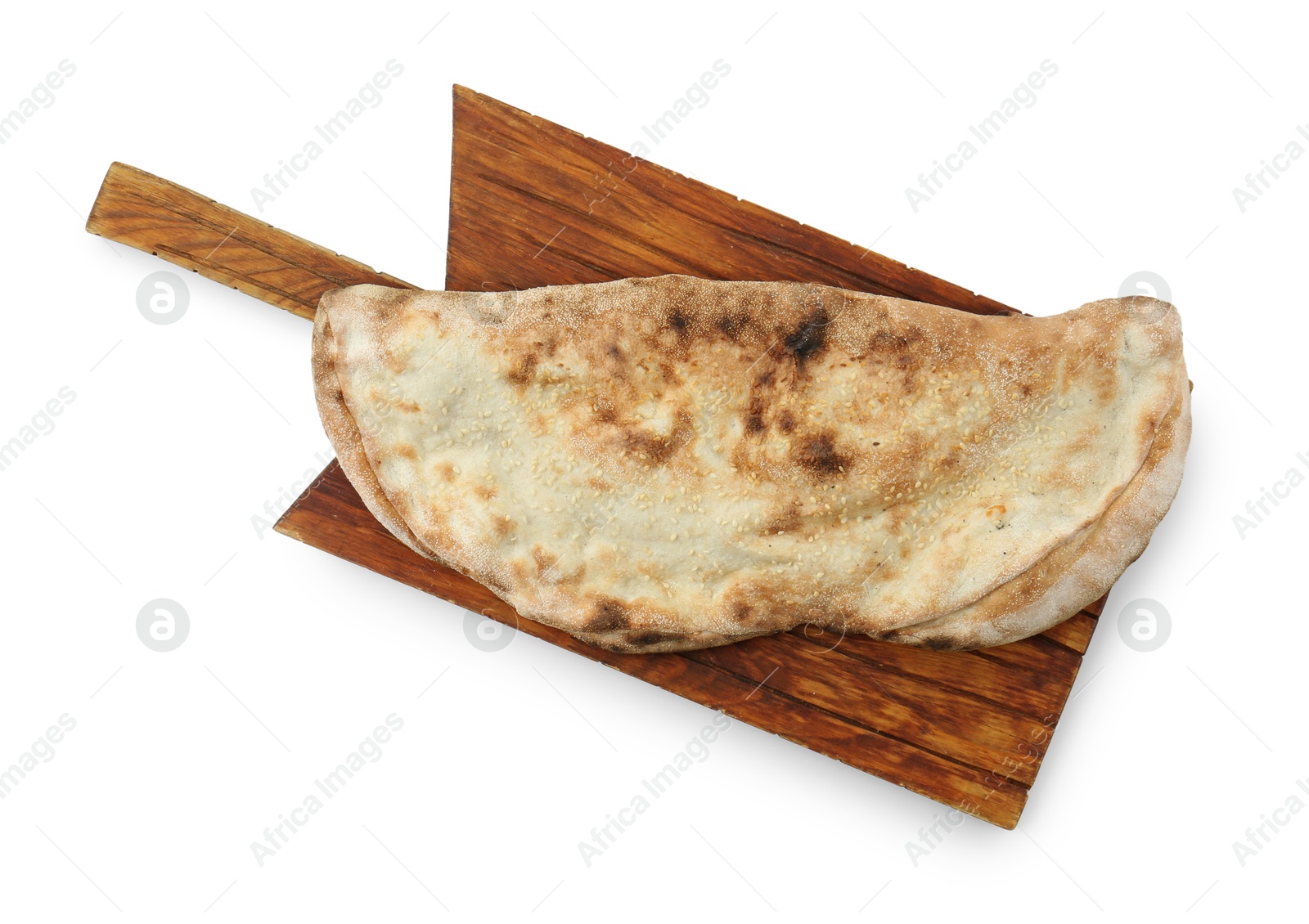 Photo of One delicious calzone isolated on white, top view